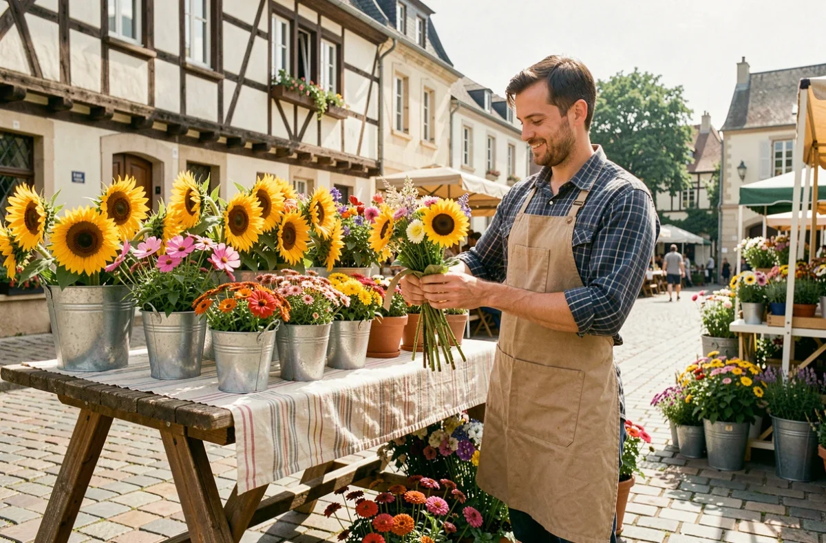 Fleuriste masculin du Beau Temps arrangeant des bouquets sur un étal de marché en plein air sur une place pavée avec des seaux débordants de tournesols et de zinnias colorés