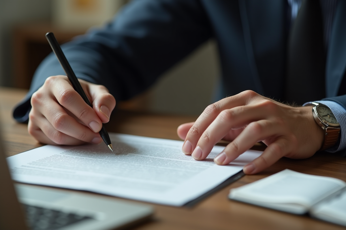 Personne lisant un document officiel sur un bureau en bois
