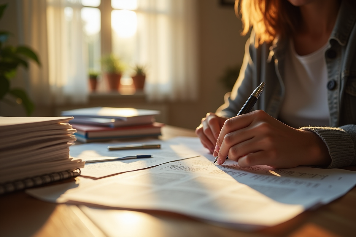 Personne lisant des documents au matin à la cuisine