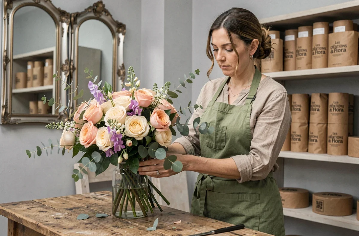 Fleuriste de Les Créations de Flora arrangeant un bouquet élaboré de roses de jardin et de pois de senteur dans sa boutique élégante aux murs gris pâle
