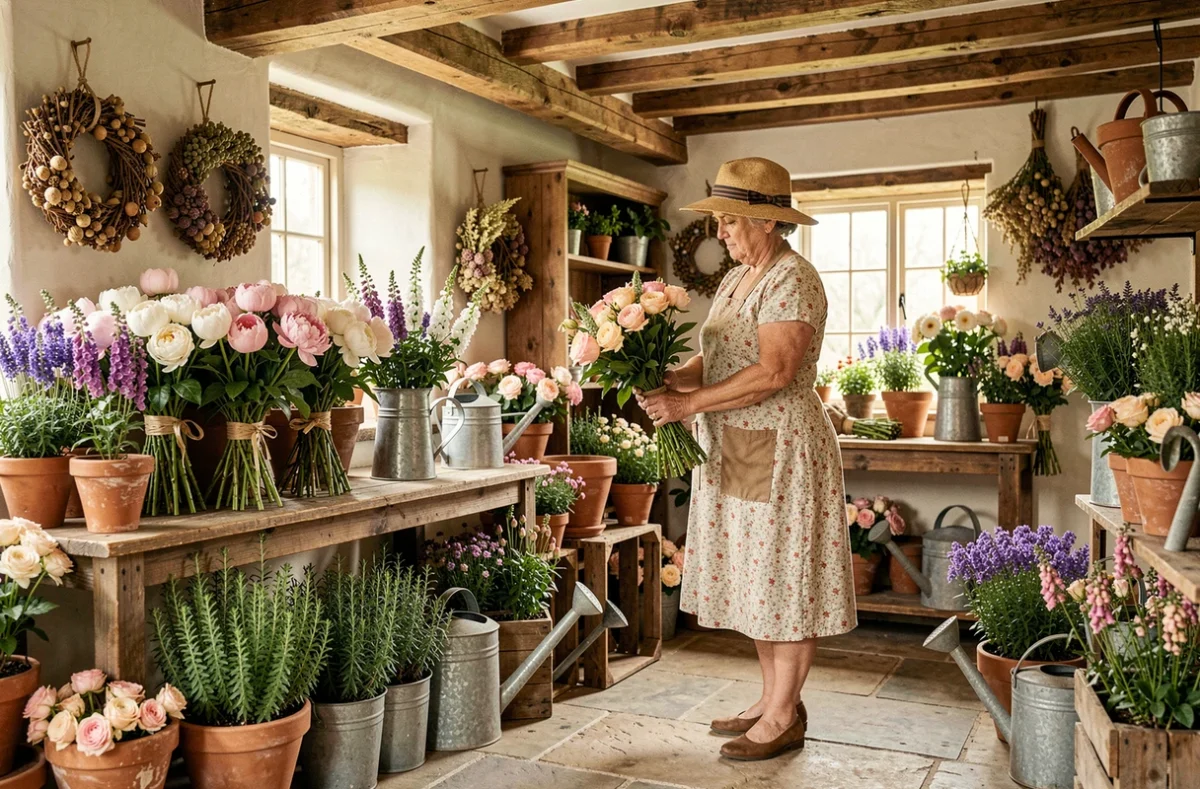 Fleuriste des Fleurs du Courtil assemblant un bouquet champêtre rustique entourée de pivoines, de renoncules et de roses de jardin dans une boutique aux airs de cottage français avec des poutres en chêne et des pots en terre cuite