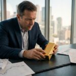 Lingot d'or posé sur une surface en ardoise avec des graphiques financiers et un analyste en costume marine l'examinant dans un bureau moderne