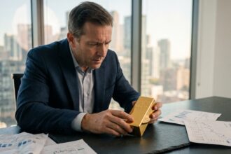 Lingot d'or posé sur une surface en ardoise avec des graphiques financiers et un analyste en costume marine l'examinant dans un bureau moderne