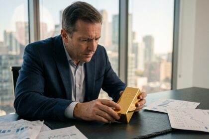 Lingot d'or posé sur une surface en ardoise avec des graphiques financiers et un analyste en costume marine l'examinant dans un bureau moderne