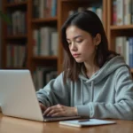 Jeune femme lisant des mangas en ligne sur un ordinateur portable dans un bureau à domicile