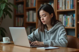 Jeune femme lisant des mangas en ligne sur un ordinateur portable dans un bureau à domicile