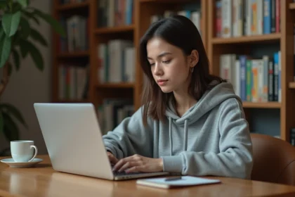Jeune femme lisant des mangas en ligne sur un ordinateur portable dans un bureau à domicile