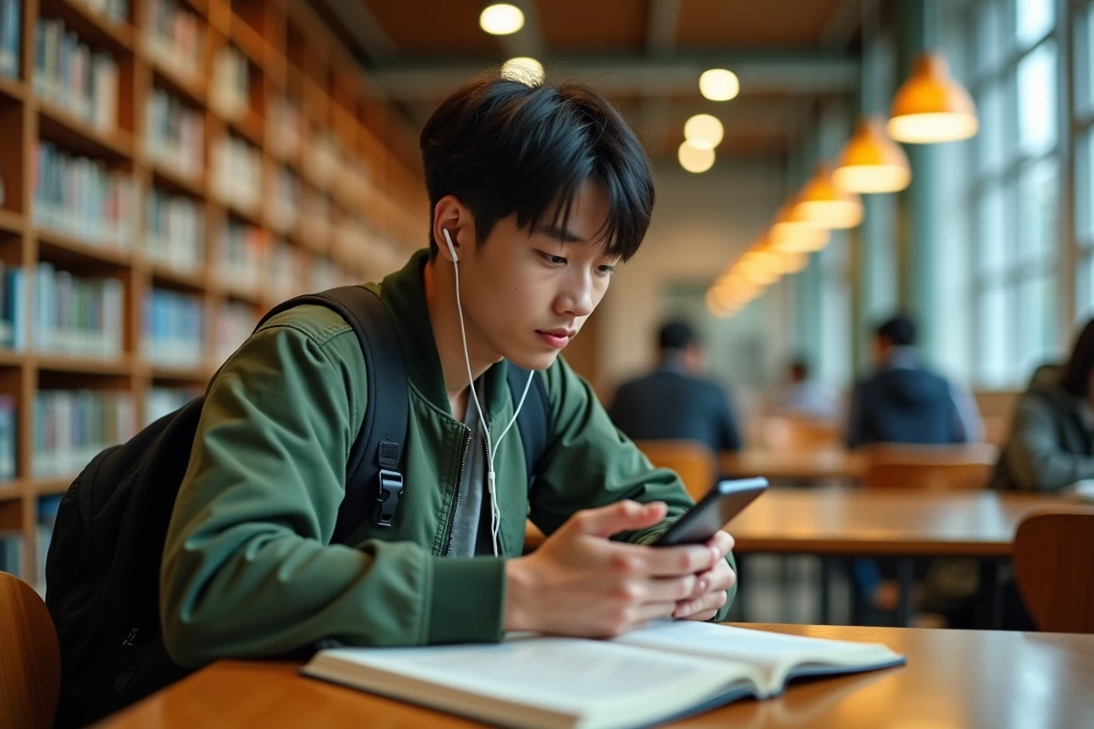 Jeune adulte lisant des mangas sur smartphone dans une bibliothèque publique de manière sécurisée