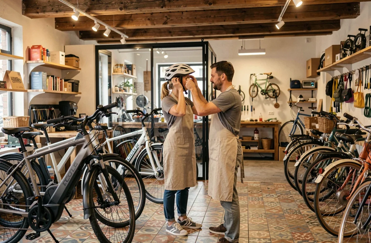 Employée de La Maison du Vélo à Toulouse aidant un client à essayer un casque dans un espace chaleureux et artisanal