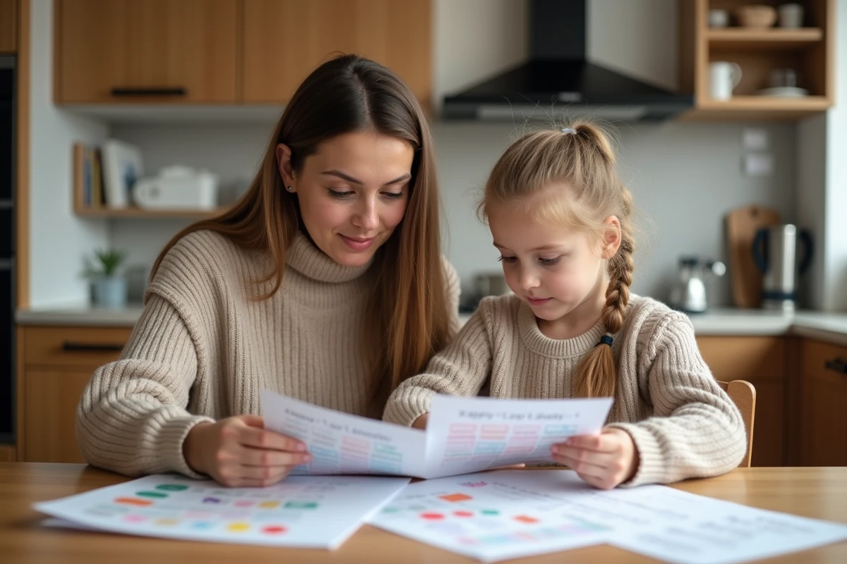 Maman et fille préparant des listes dans la cuisine