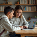 Mère et fille concentrées sur un ordinateur dans un intérieur chaleureux