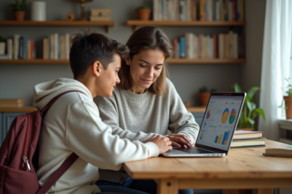 Mère et fille concentrées sur un ordinateur dans un intérieur chaleureux