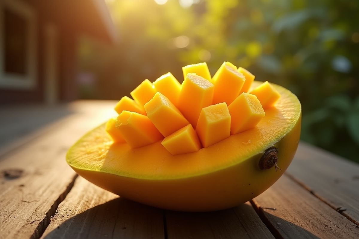 Mangue mûre coupée en deux sur une table en bois
