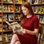 Jeune femme aux cheveux auburn lisant un comics Spider-Man Mary Jane dans une librairie vintage, représentant les différences entre les adaptations comics et cinéma