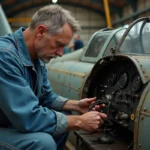 Mécanicien d'avion inspectant un cockpit de Bf 109 G restauré