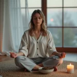 Femme pratiquant la méditation de pleine lune pour une routine de détox et de lâcher-prise à la maison