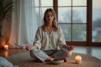 Femme pratiquant la méditation de pleine lune pour une routine de détox et de lâcher-prise à la maison