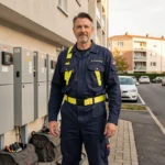 Électricien professionnel devant un immeuble résidentiel à Créteil, représentant les meilleurs électriciens de la ville