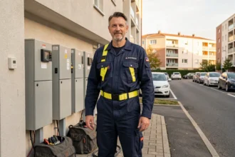 Électricien professionnel devant un immeuble résidentiel à Créteil, représentant les meilleurs électriciens de la ville