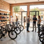 Vue panoramique d'un magasin de vélos électriques en Occitanie avec plusieurs e-bikes exposés et des clients en train de les découvrir