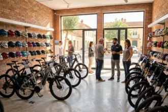 Vue panoramique d'un magasin de vélos électriques en Occitanie avec plusieurs e-bikes exposés et des clients en train de les découvrir