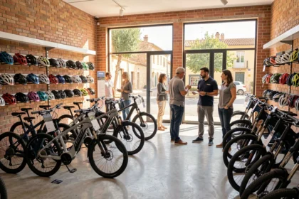 Vue panoramique d'un magasin de vélos électriques en Occitanie avec plusieurs e-bikes exposés et des clients en train de les découvrir