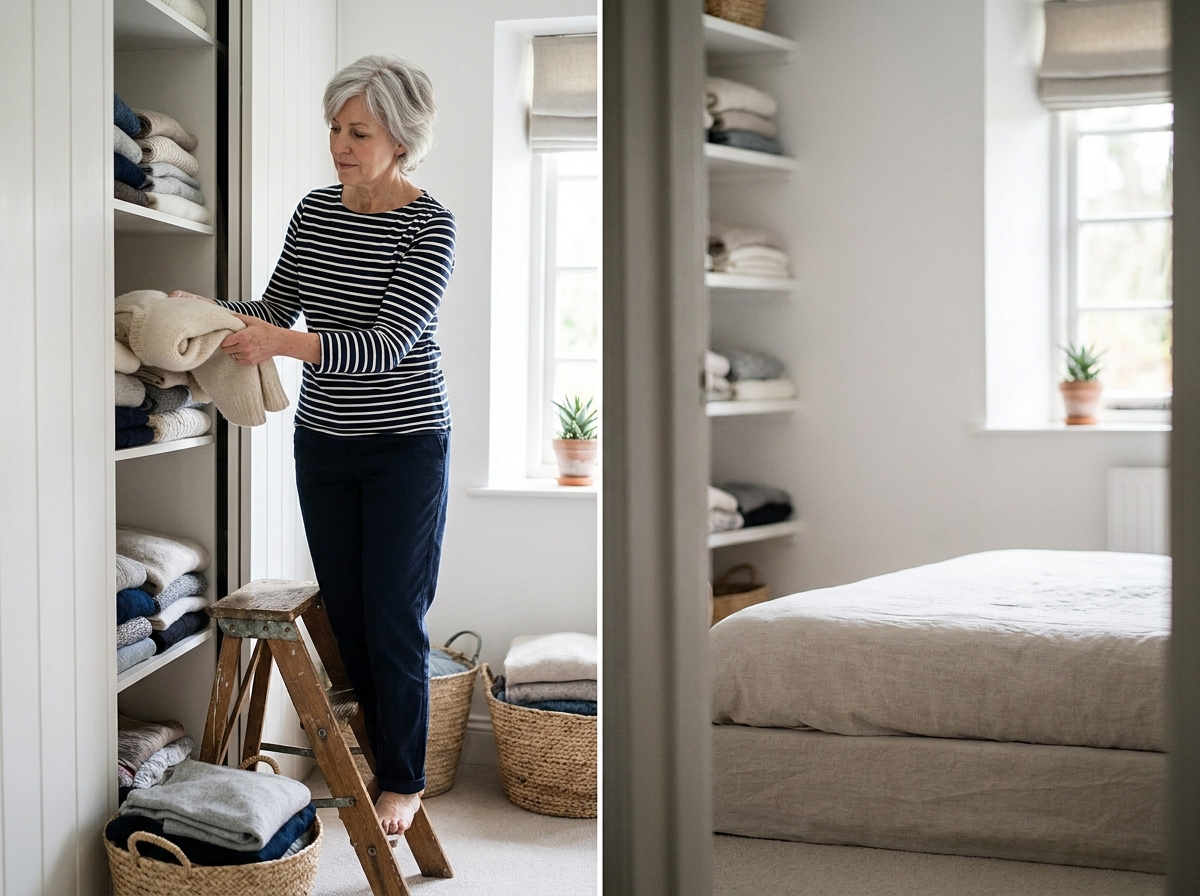 Femme rangeant et désencombrant une armoire lors du grand ménage de printemps dans une chambre épurée