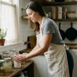 Femme organisant des produits ménagers naturels dans une cuisine lumineuse lors du ménage de printemps
