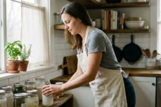 Femme organisant des produits ménagers naturels dans une cuisine lumineuse lors du ménage de printemps