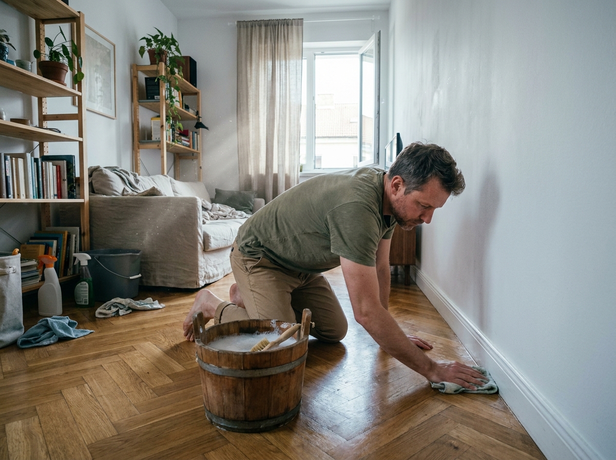 Homme faisant le ménage de printemps en nettoyant les plinthes d'un salon avec des produits écologiques