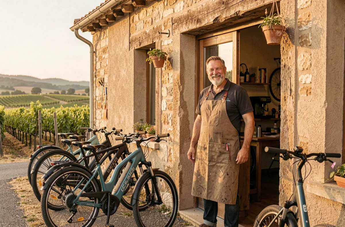 Propriétaire du magasin Mondovélo à Lézignan-Corbières devant ses vélos électriques exposés en devanture