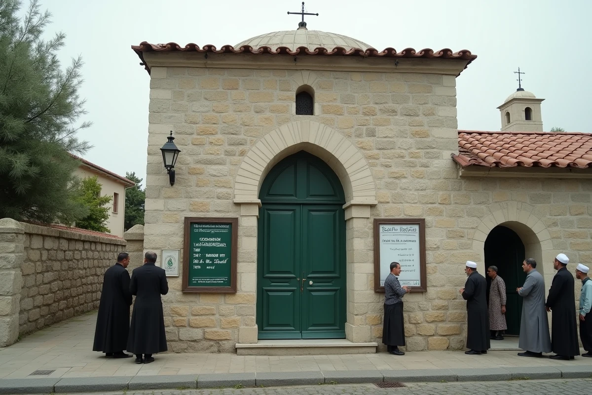 Façade d'une mosquée de quartier à Agen avec tableau des horaires de prières affiché à l'entrée
