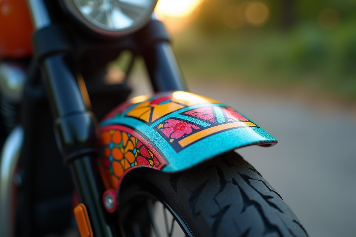Garde-boue de moto avec motifs colorés en extérieur