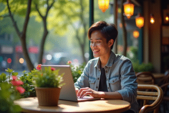 Jeune nomade digital travaillant en extérieur dans une ville asiatique