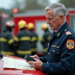 Officier de pompier en uniforme de commandement consultant une carte tactique lors d'une intervention