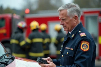 Officier de pompier en uniforme de commandement consultant une carte tactique lors d'une intervention