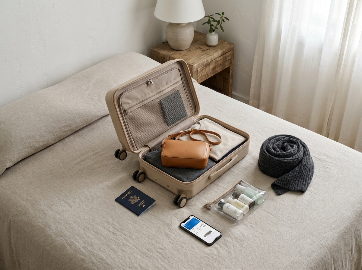 Organisation d'un bagage léger pour un voyage express, valise et essentiels de voyage posés sur un lit d'hôtel minimaliste