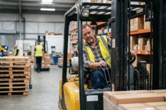 Ouvrier manutentionnaire manœuvrant un chariot élévateur dans un centre logistique