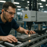 Ouvrier usine utilisant une machine laser pour marquage précis