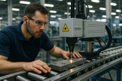 Ouvrier usine utilisant une machine laser pour marquage précis