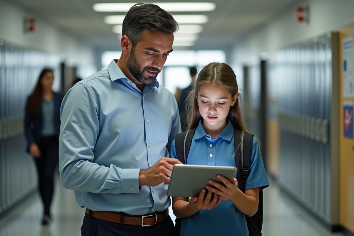 Père et fille regardant un rapport scolaire sur une tablette dans un couloir