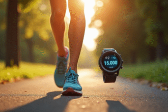 Vue rapprochee de pieds en course avec montre connectée affichant 16000 pas