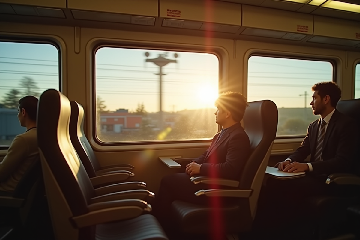 Passagers confortablement assis dans un train lumineux