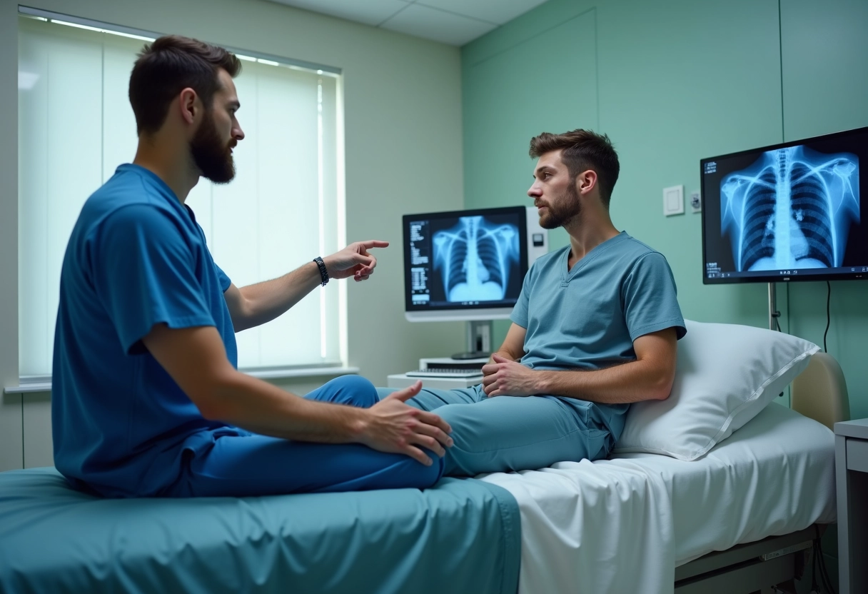 Patient jeune expliquant son radiographie à un technicien