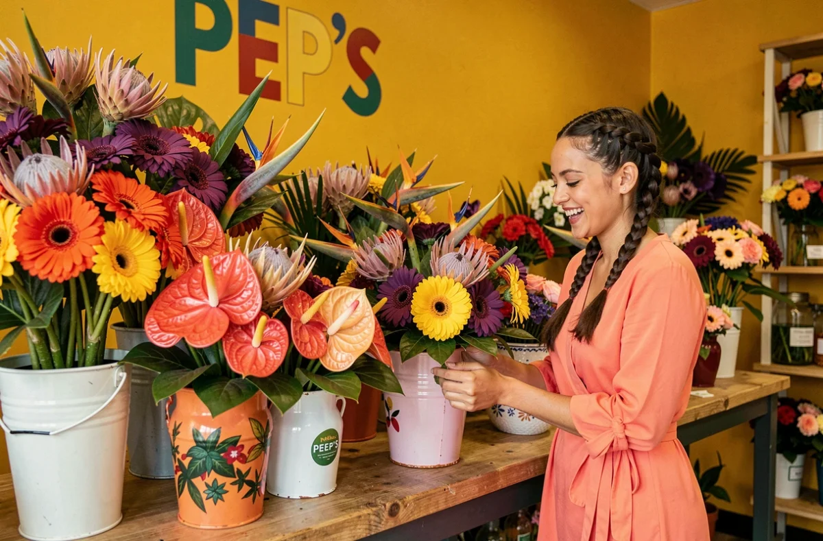 Fleuriste enthousiaste de PEP'S assemblant un bouquet maximaliste coloré dans une boutique aux murs jaune moutarde avec des fleurs tropicales vives dans des pots en céramique peints