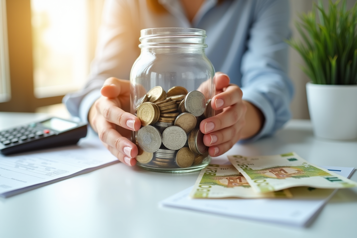 Personne confiante tenant un bocal rempli de pièces et billets d euro