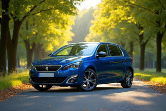 Voiture Peugeot 308 GT bleue sur route ensoleillee