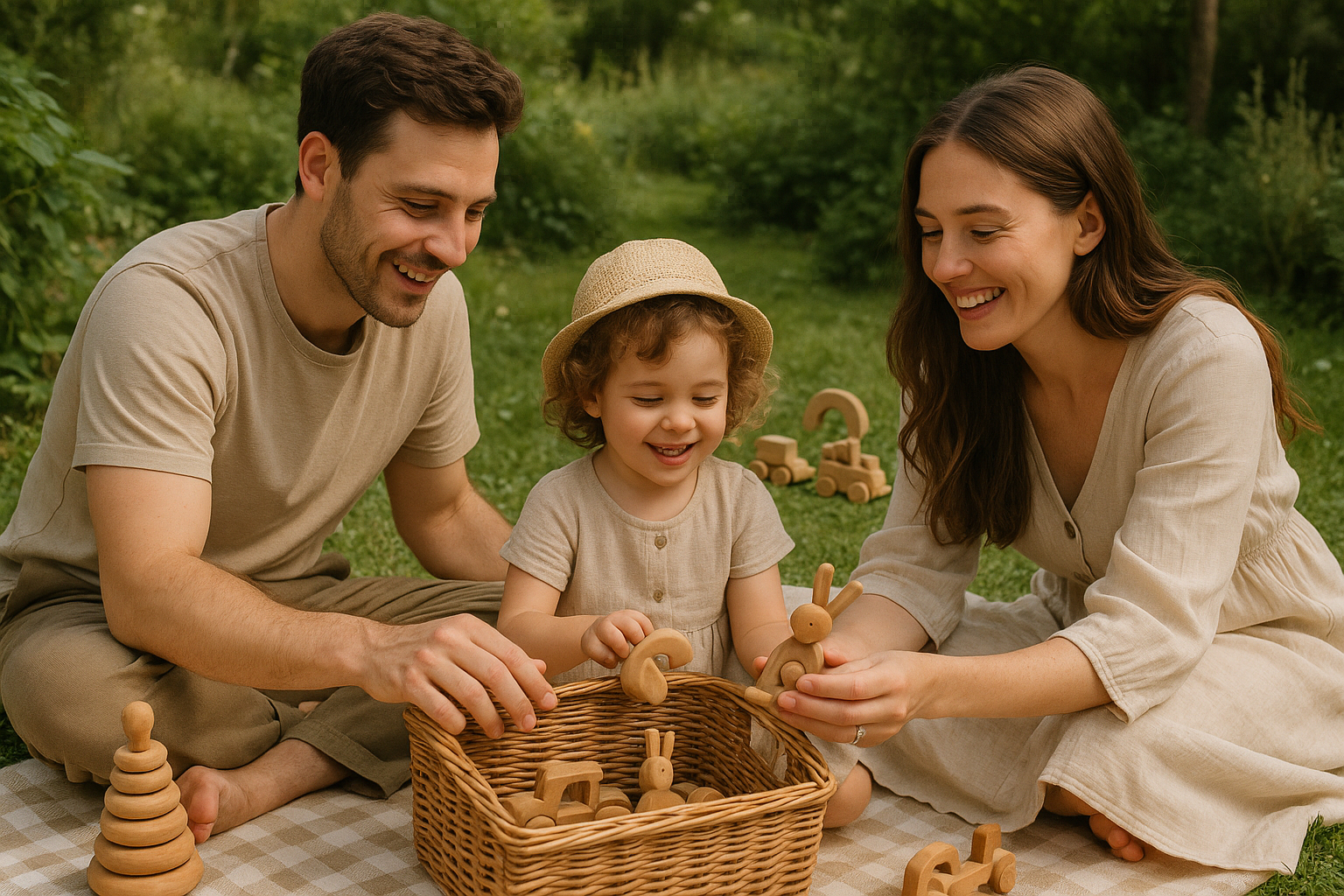 Pique-nique en plein air avec famille et jouets en bois