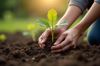 Mains plantant un jeune figuier dans la terre humide