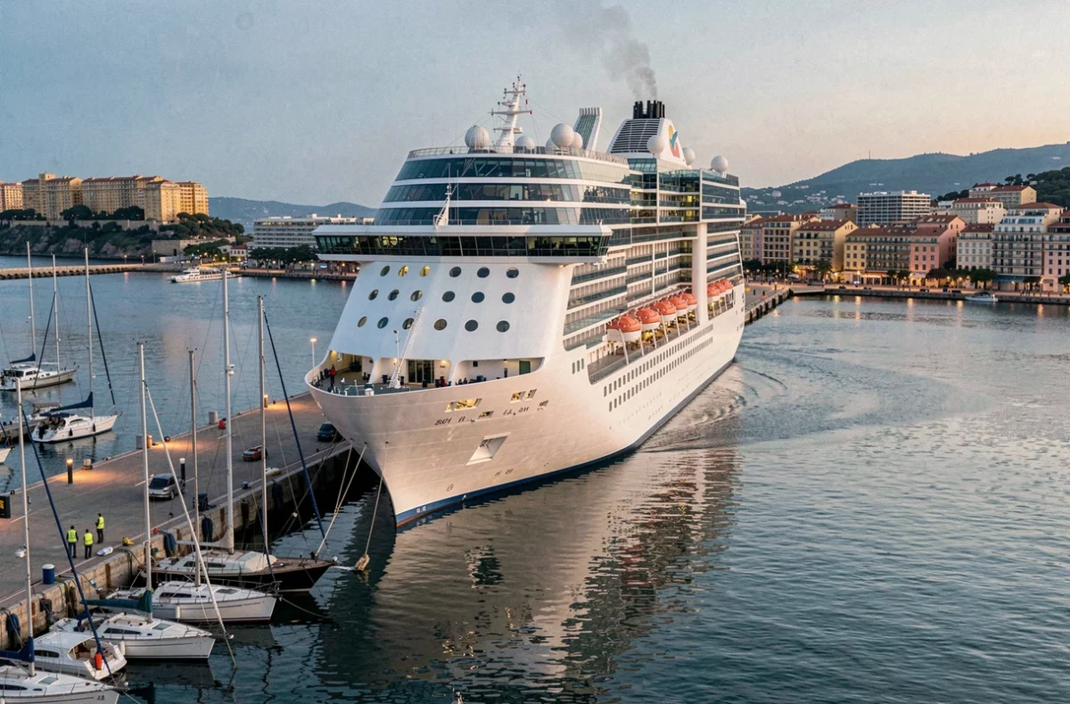 Grand bateau de croisière amarré dans le port de Nice avec la vieille ville en arrière-plan au crépuscule